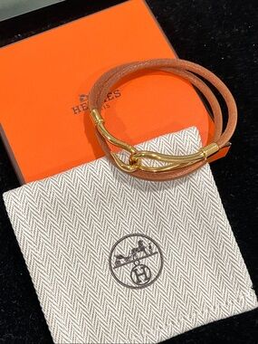 Hermès Tan Double-Wrap Leather Bracelet with Gold Hook